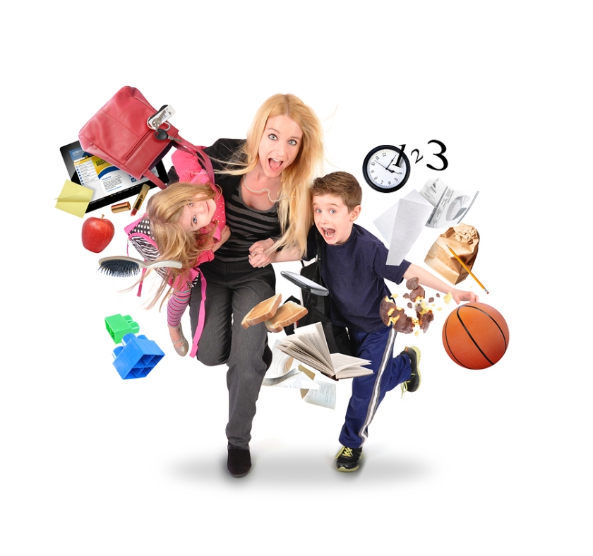 A mother is late for school and work while rushing with her children for a funny stress concept on a white isolated background. There are objects flying away from them.